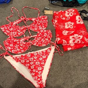 Red Floral Bikini Set with Cover-Up